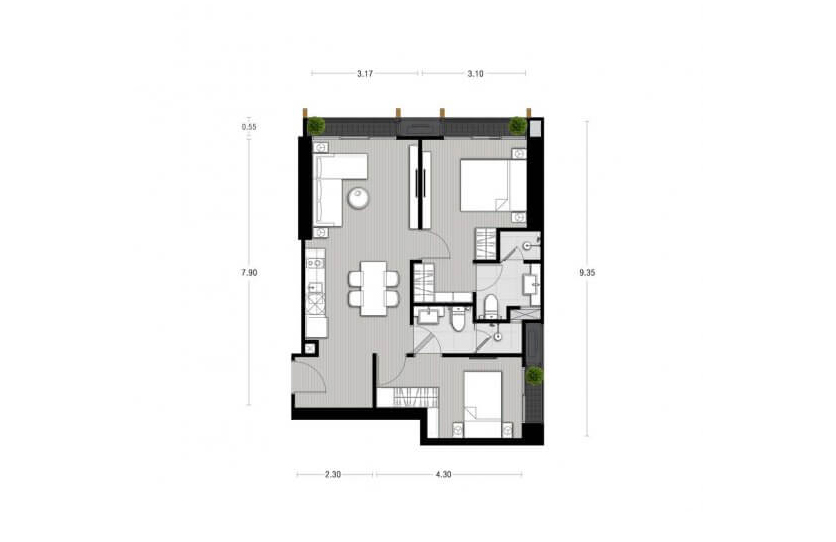 Condominium floor plan, 2 bedrooms in Noble State 39 No. 11019