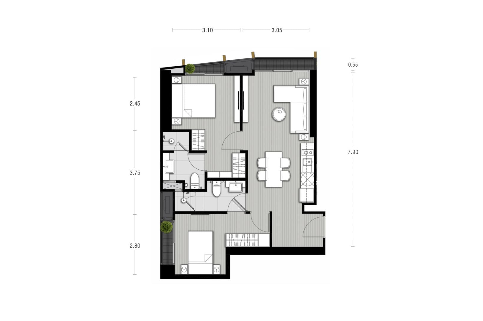 Condominium floor plan, 2 bedrooms in Noble State 39 No. 11018