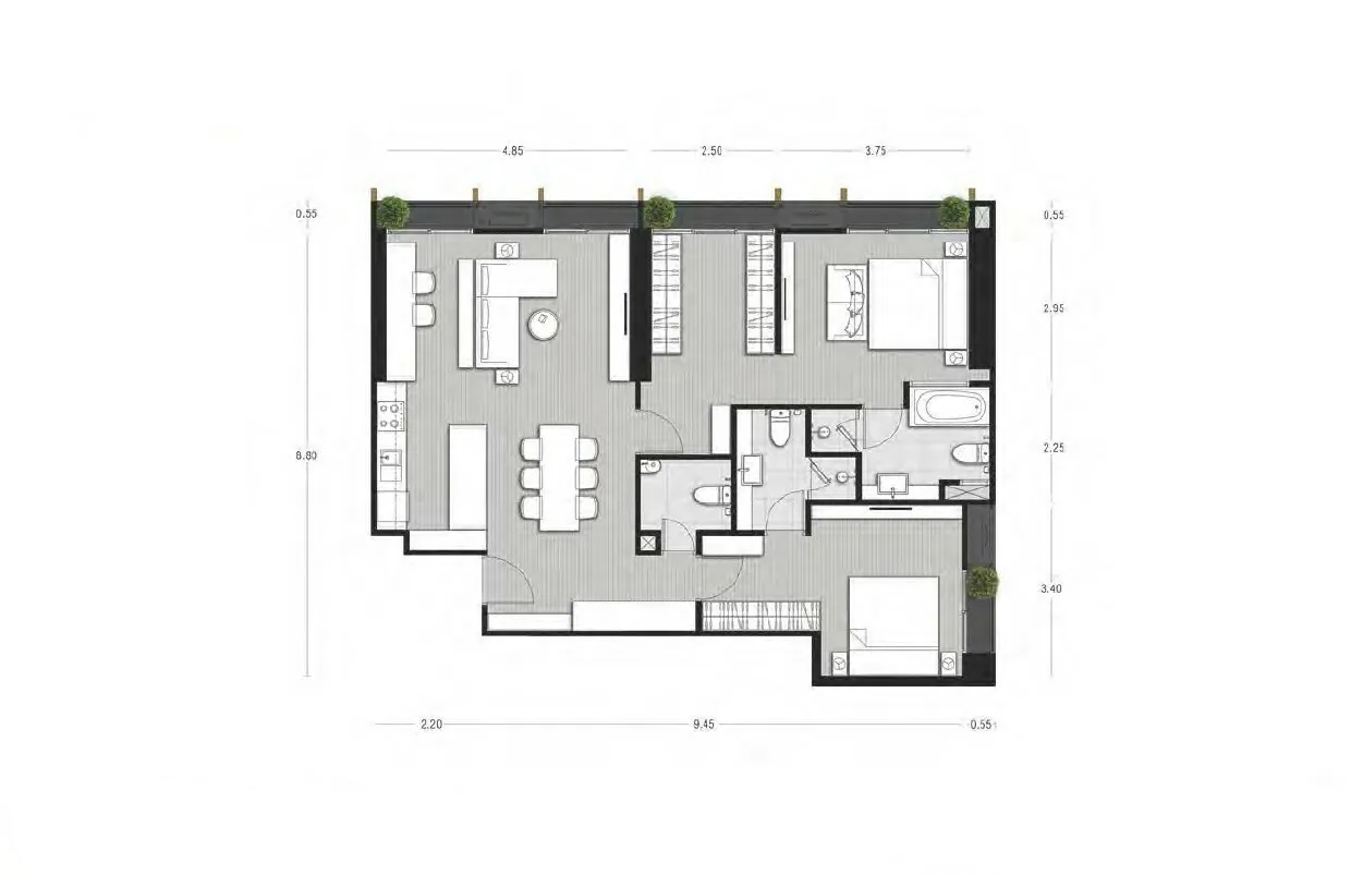 Penthouse floor plan, 2 bedrooms in Noble State 39 No. 11022
