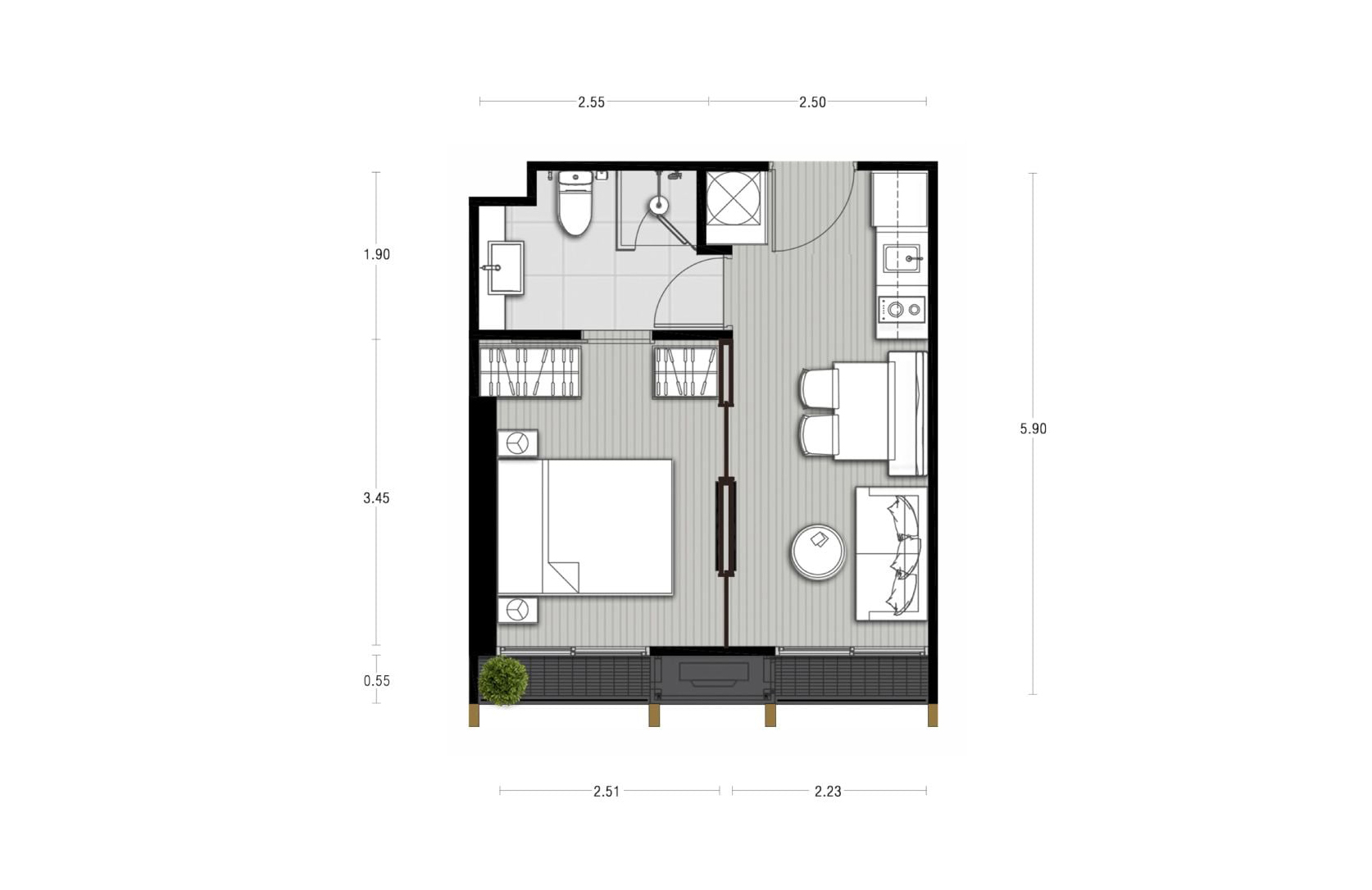 Condominium floor plan, 1 bedroom in Noble State 39 No. 11015